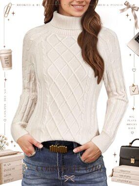 Cable Knit Turtleneck Long Sleeve Fitted Pullover Sweater